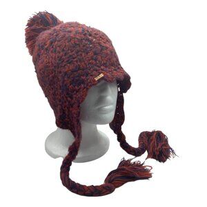 Free People Women Arjeta Circle Crochet Pom Beanie Winter Hat Ear Flaps Tassels